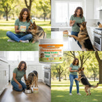 Glucosamine hemp treat jar shown with dogs in indoor and outdoor scenes