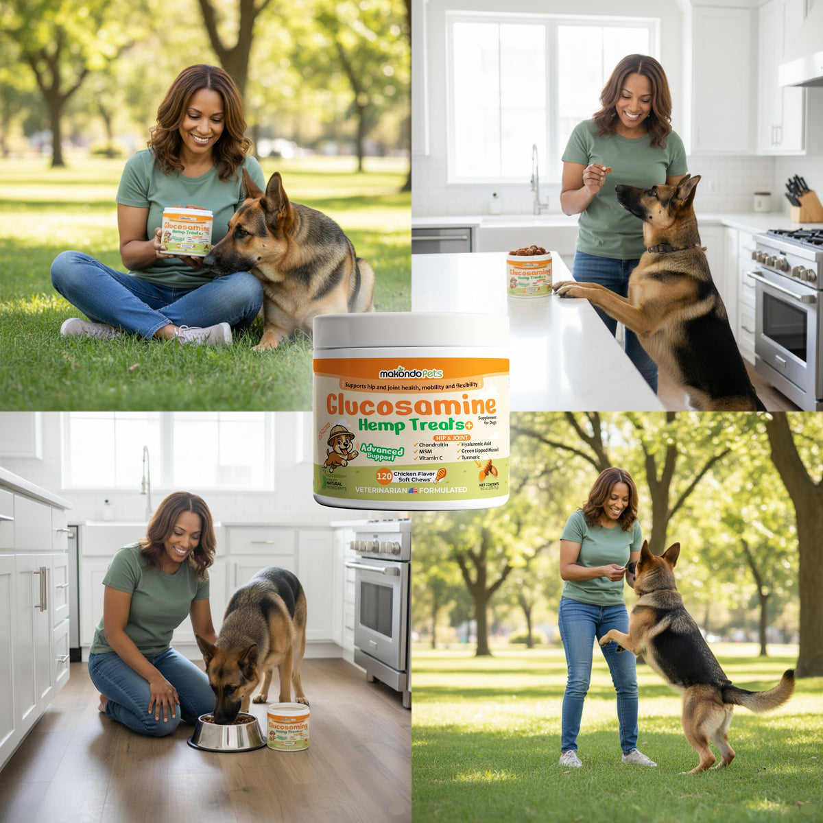 Glucosamine hemp treat jar shown with dogs in indoor and outdoor scenes