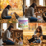 Dog Prenatal Vitamins jar with two beagle dogs near it during feeding