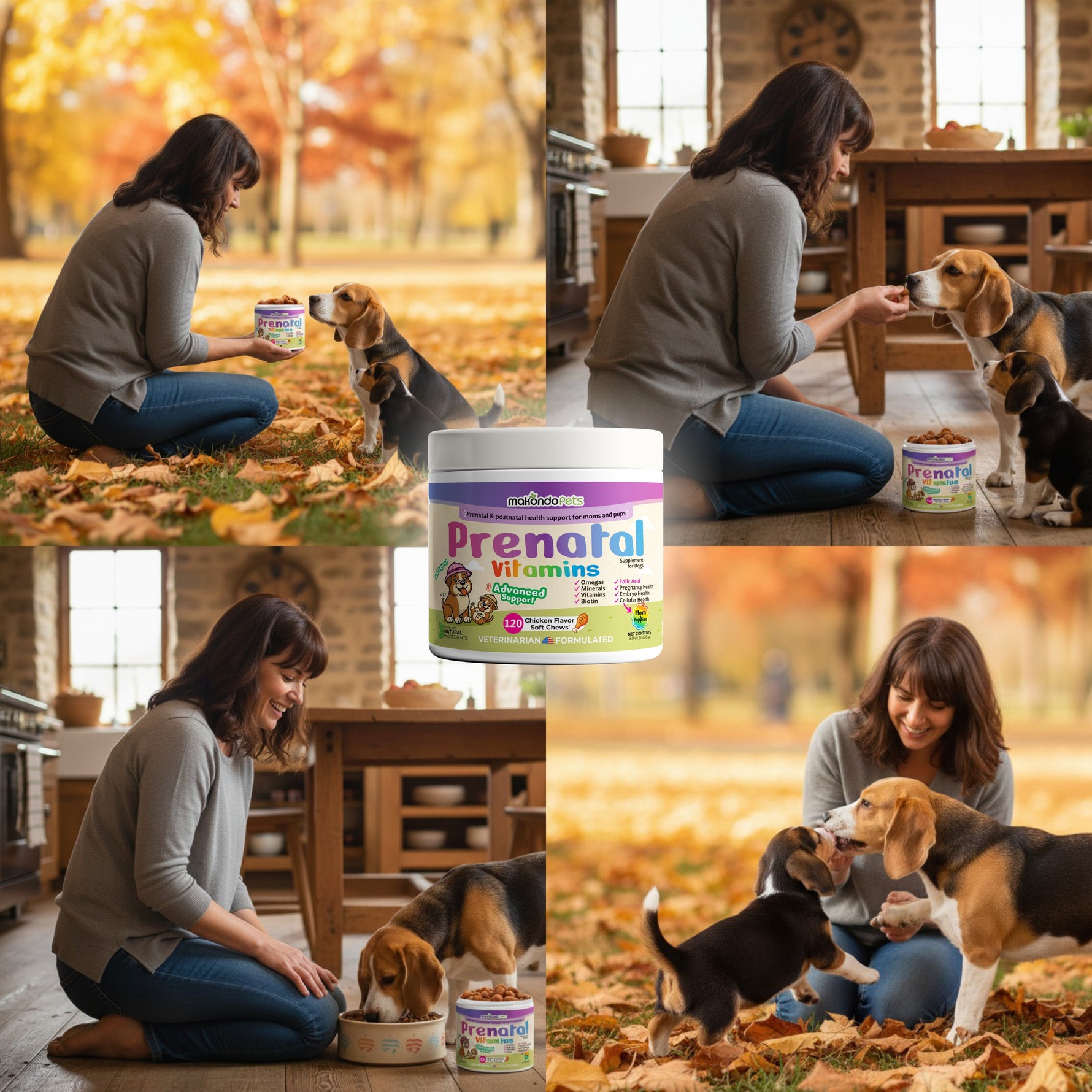 Dog Prenatal Vitamins jar with two beagle dogs near it during feeding