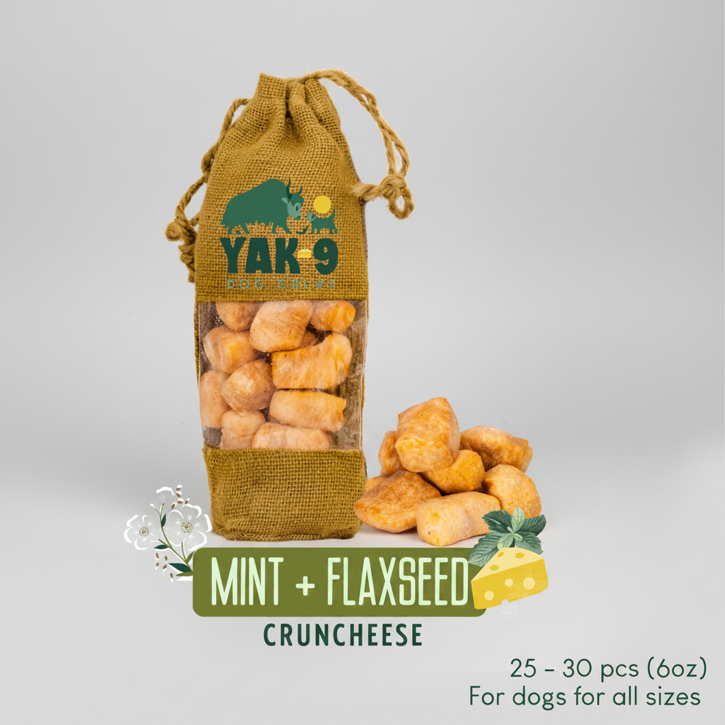 Mustard Mint + Flaxseed CrunchCheese dog treat pouch with bite-size pieces