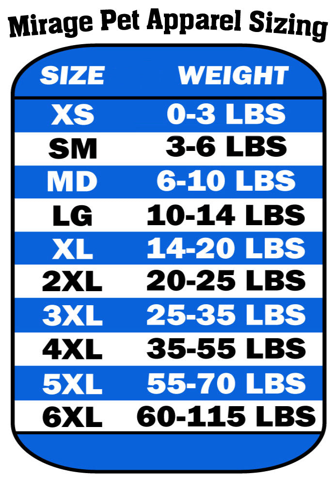 Pet raglan shirt sizing chart with size XS–6XL and weight in lbs