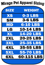Pet raglan shirt sizing chart with size XS–6XL and weight in lbs