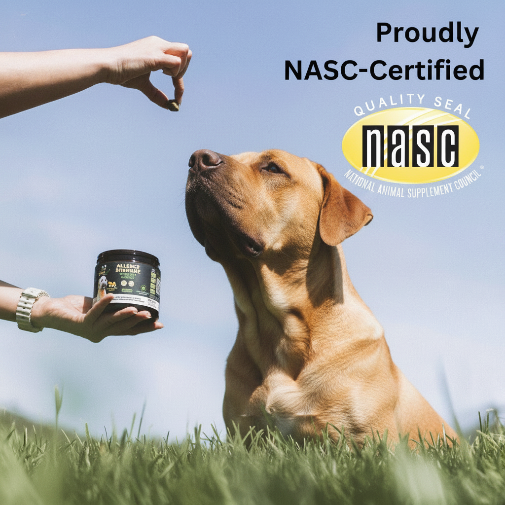 NASC-certified probiotic dog chew tub with dog sitting beside the container