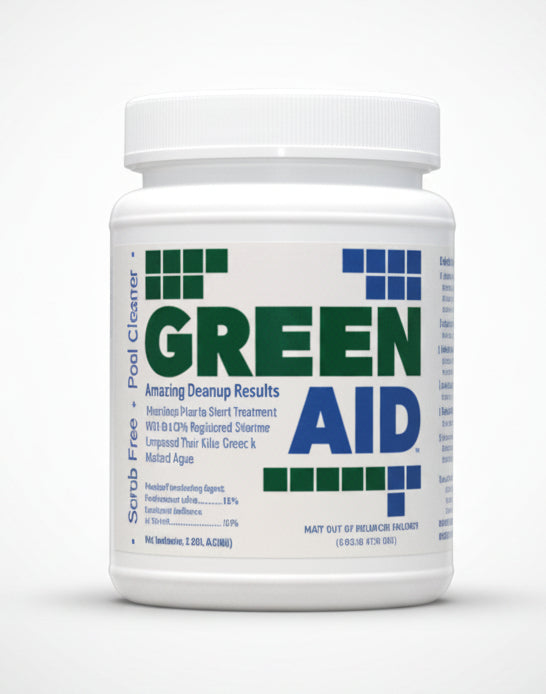 Green Aid algae control bottle with white cap and green-blue label