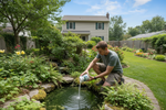 Algaecide bottle being poured into an outdoor pond, blue and white plastic container