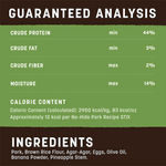 Dog chew sticks guaranteed analysis and ingredients label with protein and fat