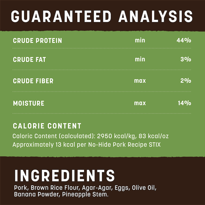 Dog chew sticks guaranteed analysis and ingredients label with protein and fat