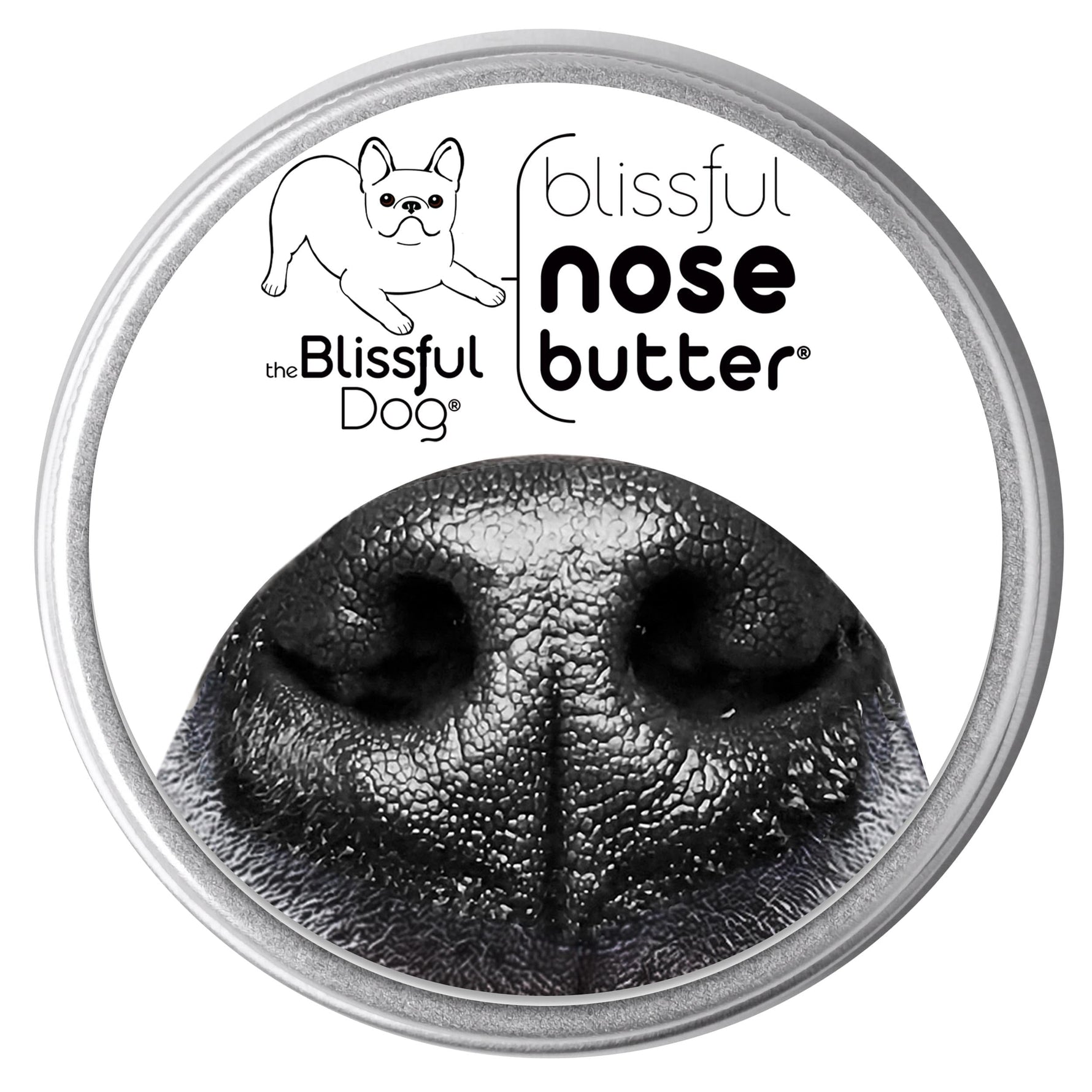 Blissful nose butter metal tin with black dog nose label