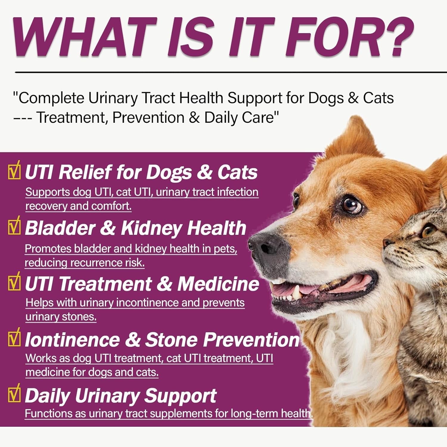 Urinary tract support supplement label with dogs and cats and feature text