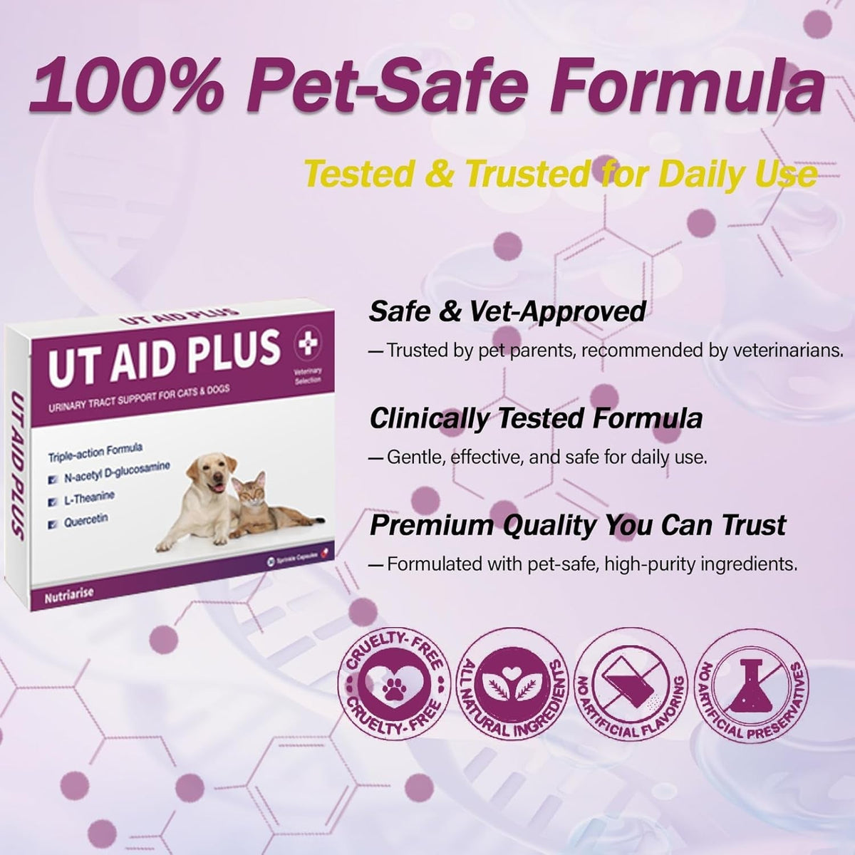 Urinary tract support capsule supplement box with pet-safe and tested icons