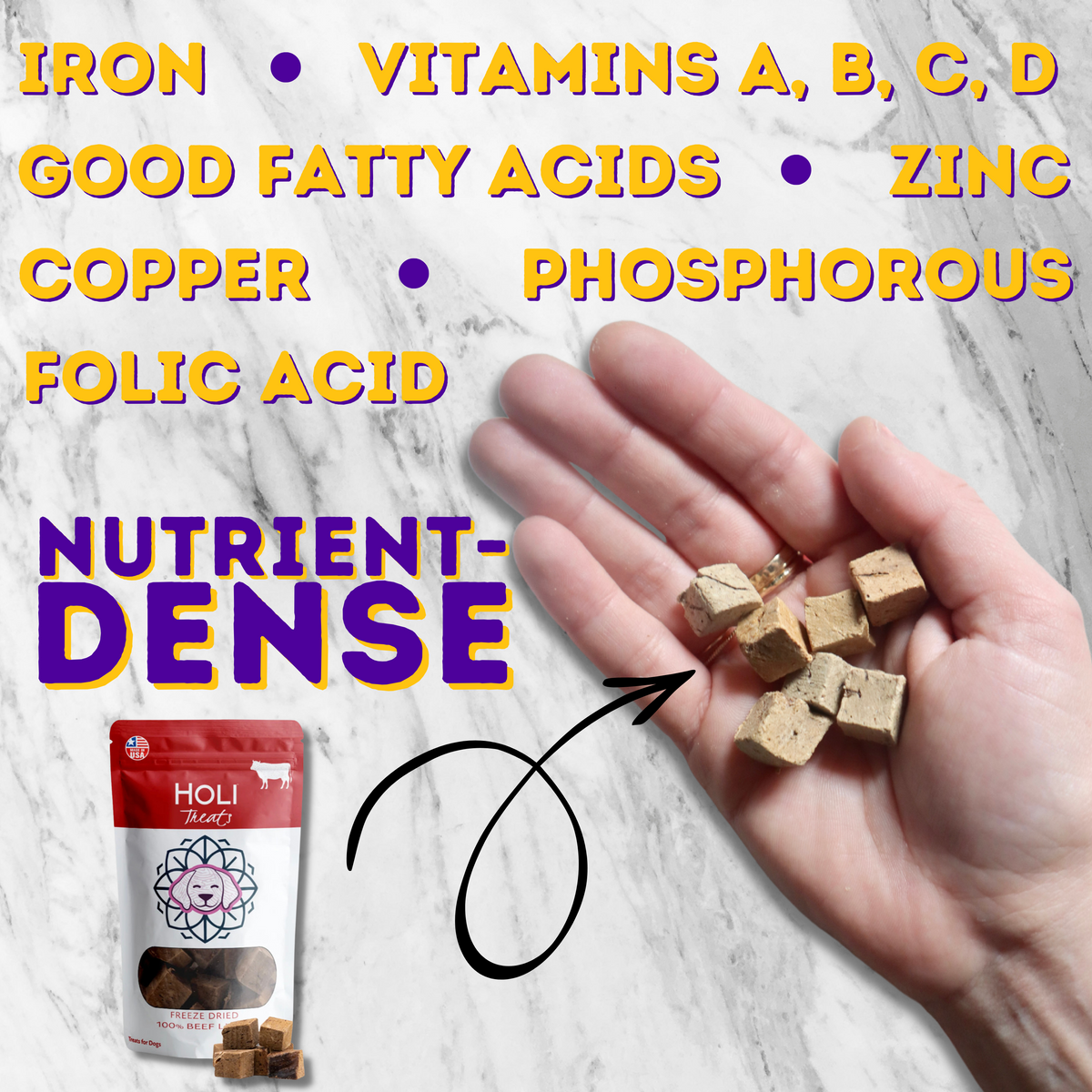 Hand holding freeze-dried beef liver treat cubes next to a nutrient callout graphic
