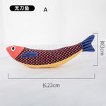 Catnip fish plush toy, red patterned body, blue tail, orange trim, style A.
