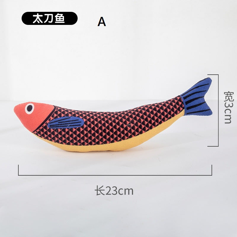 Catnip fish plush toy, red patterned body, blue tail, orange trim, style A.