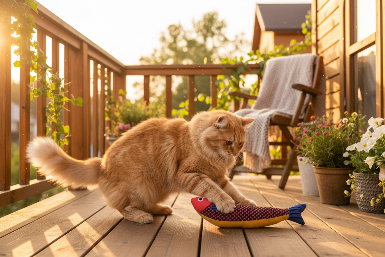 Catnip fish plush toy, red-and-blue striped fish with orange underside on deck floor.