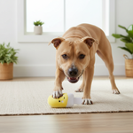 Yellow plush anti-stuffing dog toy with squeaker, held while chewing