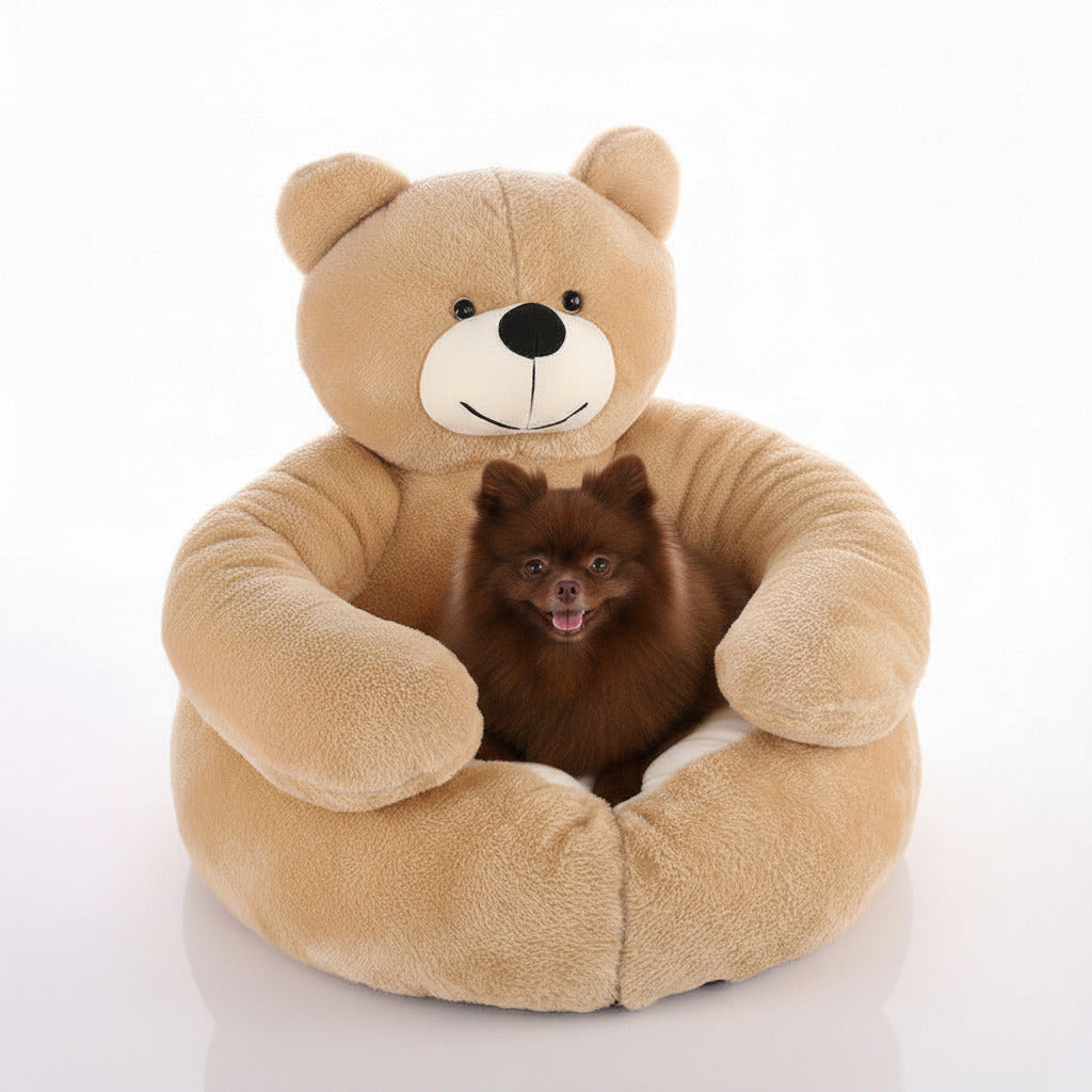 Tan plush teddy bear pet bed with raised round cushion and bear face design