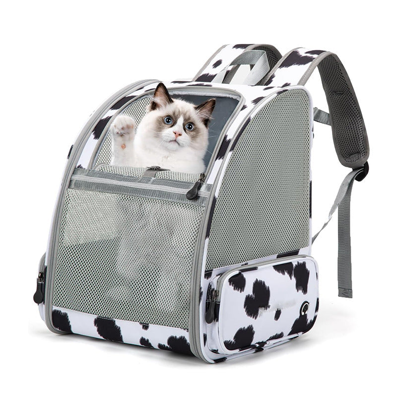 Gray breathable mesh pet backpack with clear window and cow-print front, cat inside