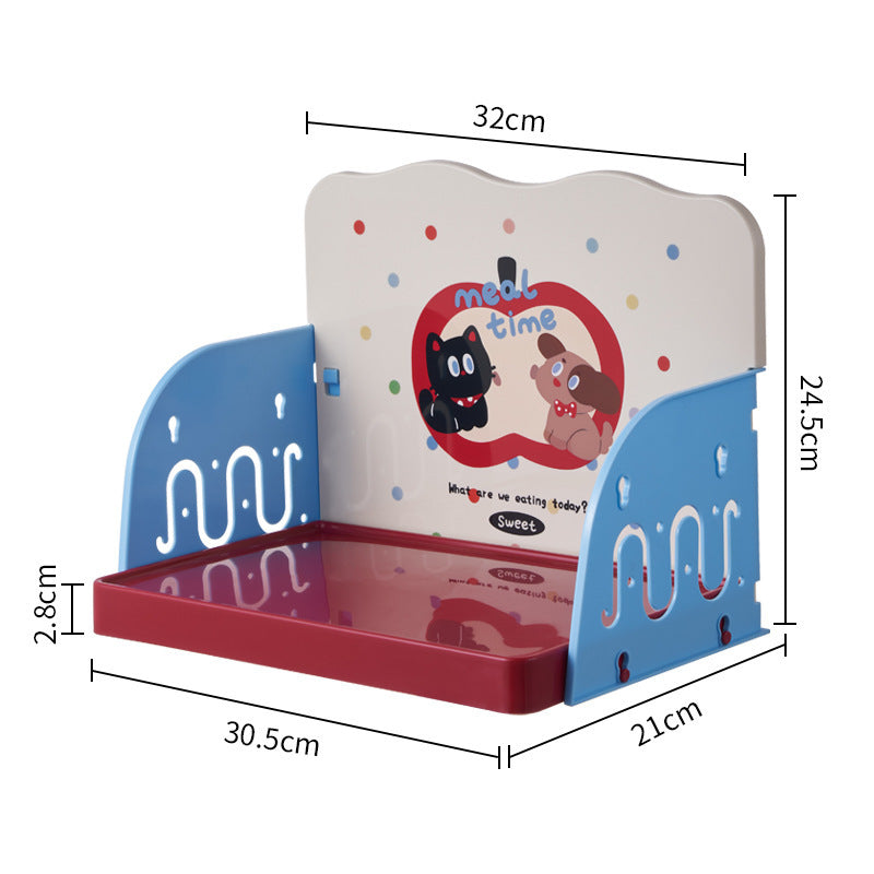 Pet feeding tray with blue sides and red front base, with two storage compartments