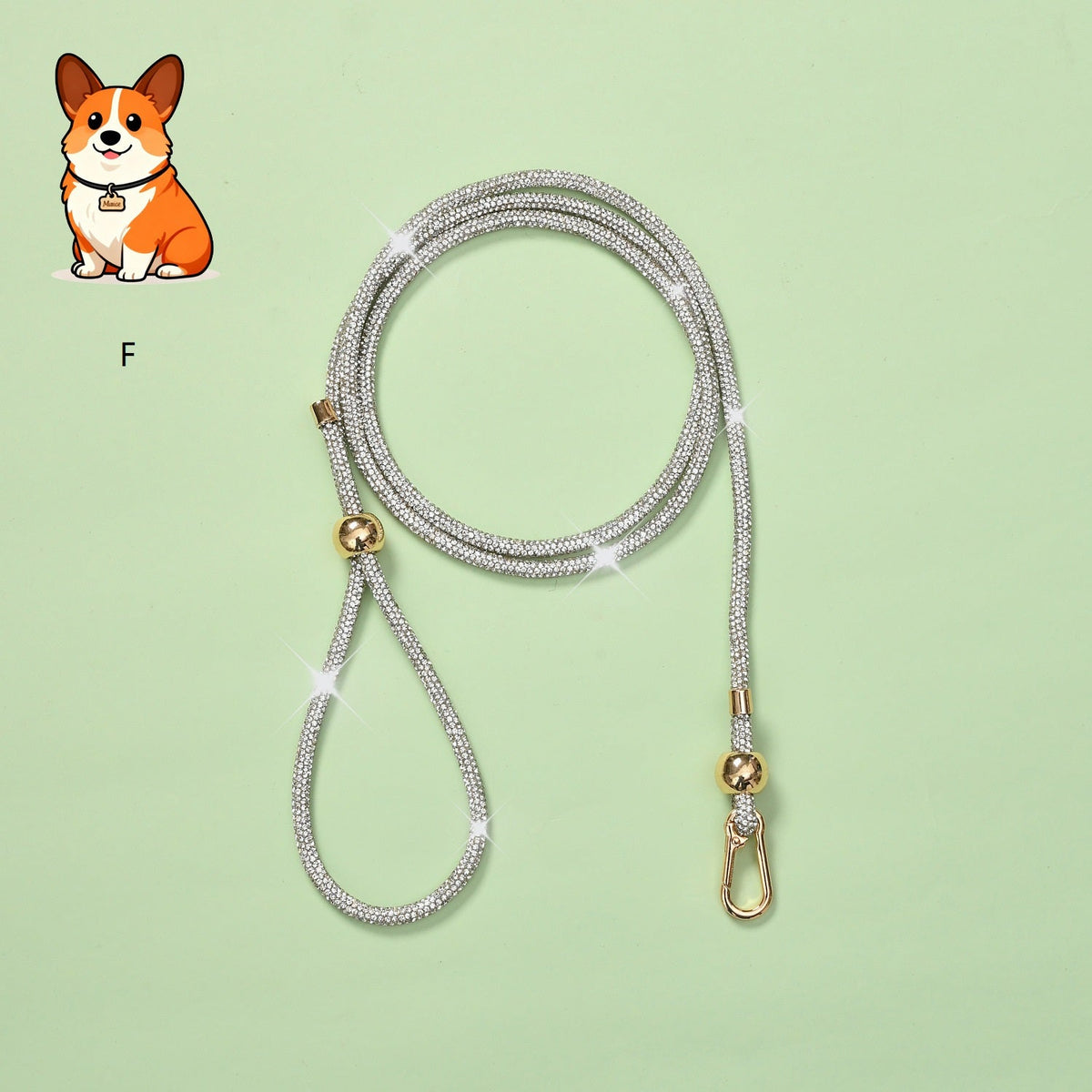 Rhinestone dog leash with silver sparkly cord and gold clasp hardware