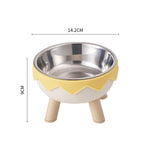 Stainless steel elevated pet bowl with legs, yellow tray and light wood legs