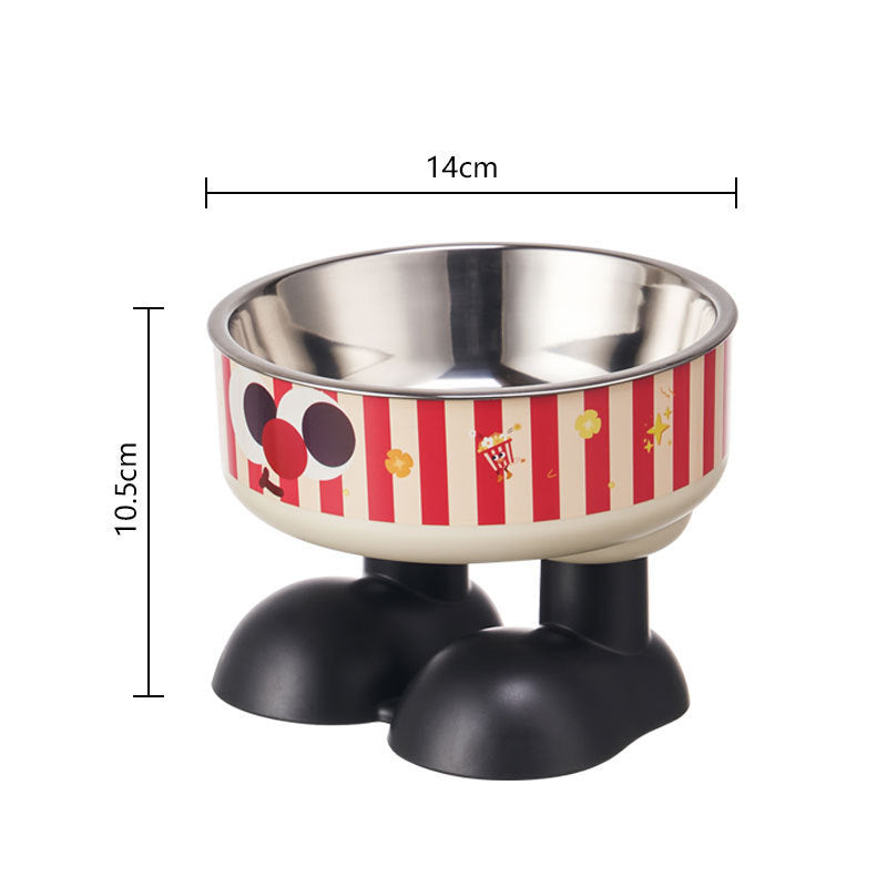 Elevated stainless steel pet bowl with red-and-white striped sides and black stand