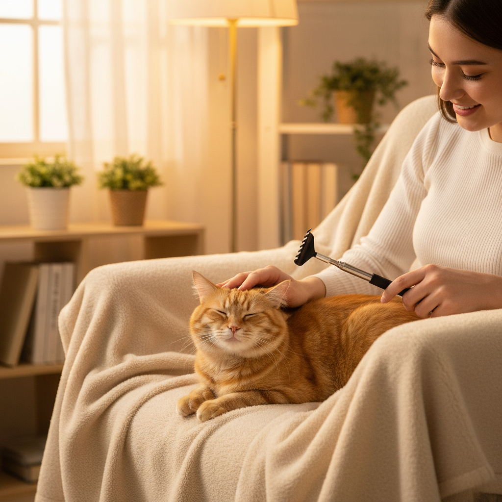 Katze wird mit Teleskop-Groomer-Tool am Rücken gekrault