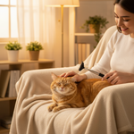 Katze wird mit Teleskop-Groomer-Tool am Rücken gekrault