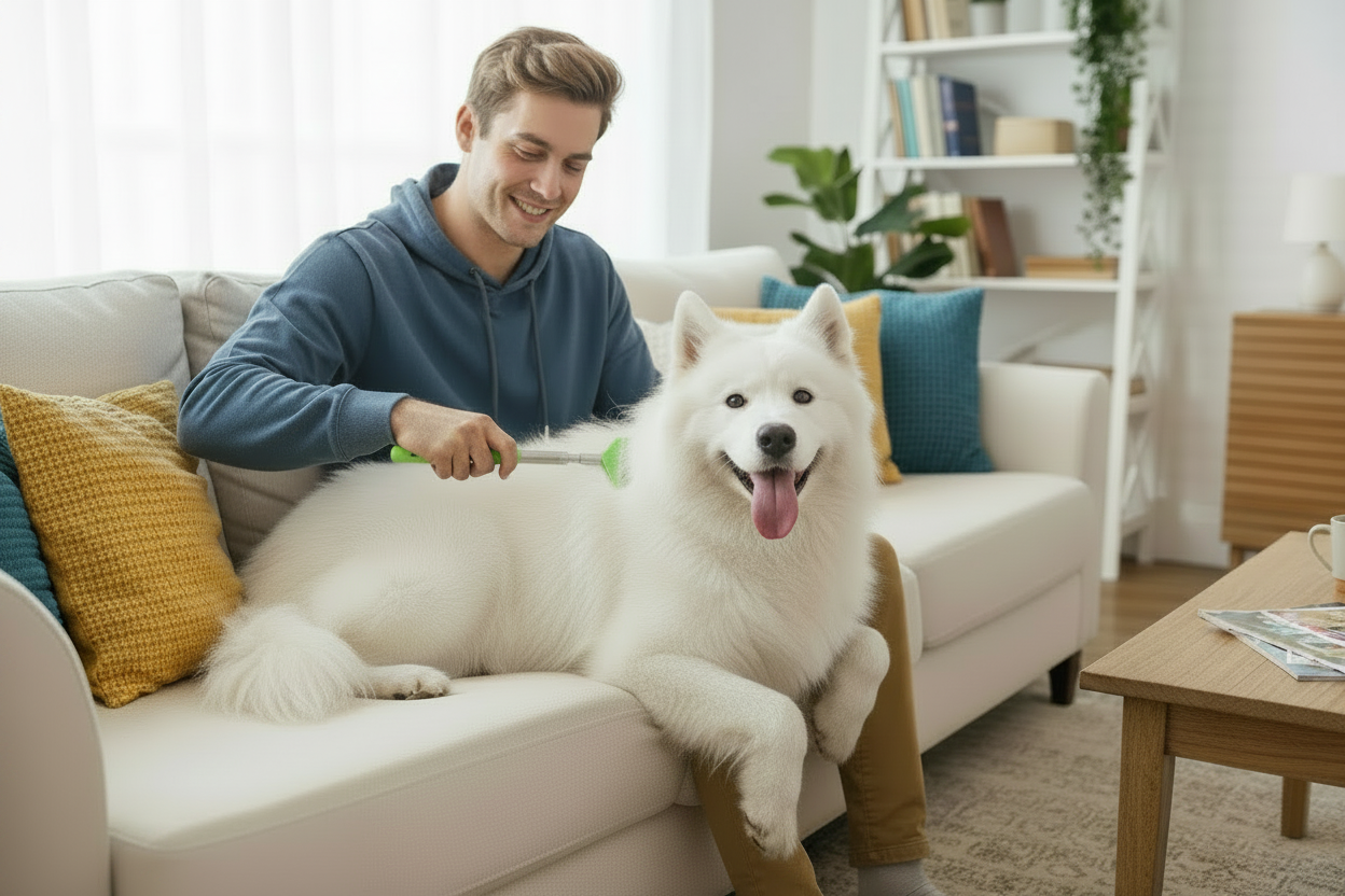 Hund wird mit grünem Teleskop-Groomer-Aufsatz am Kopf gebürstet