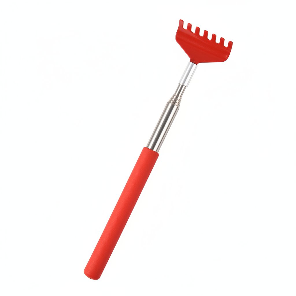 Teleskop-Kratz- & Groomer-Tool mit rotem Kopf und Griff, silberner Stange