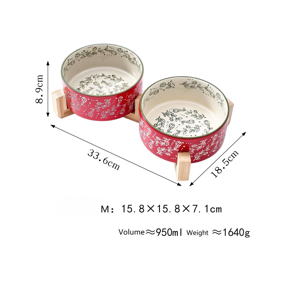 Ceramic pet bowl set with wooden stands, red garden-pattern bowls, two sizes