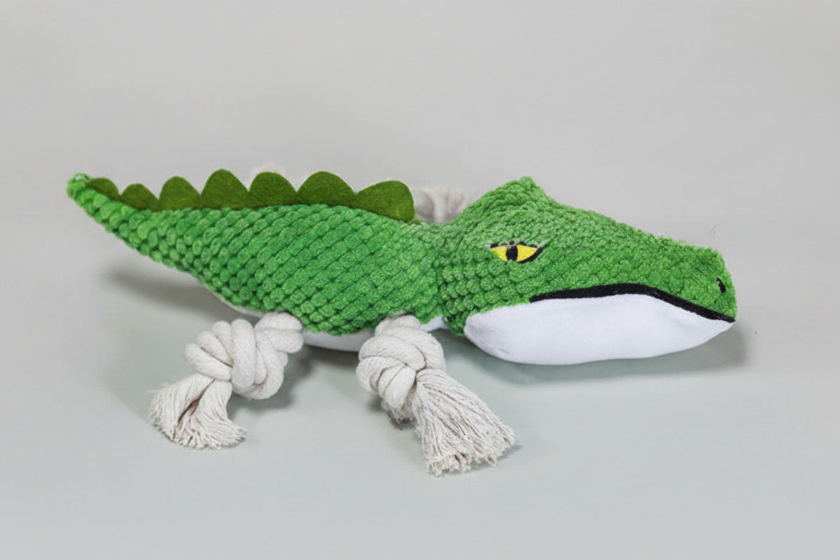 Green crocodile rope dog toy with squeaker and knotted white cotton rope ends