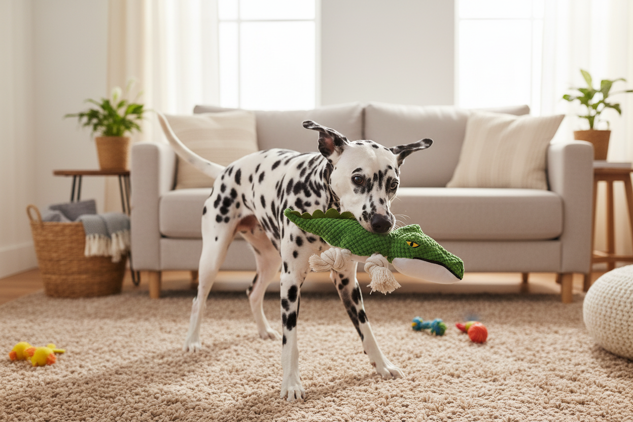 Green crocodile rope dog toy with squeaker, held in a white-and-black dog’s mouth