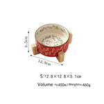 Red ceramic pet bowl with wooden stand, garden pattern, small size