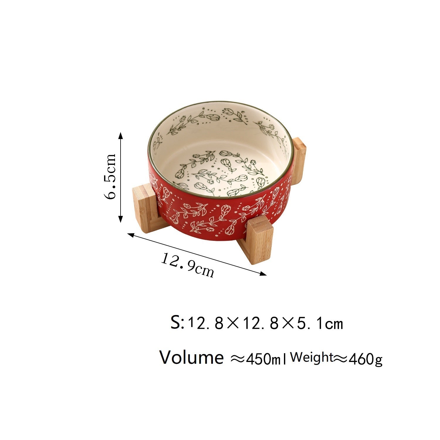 Red ceramic pet bowl with wooden stand, garden pattern, small size