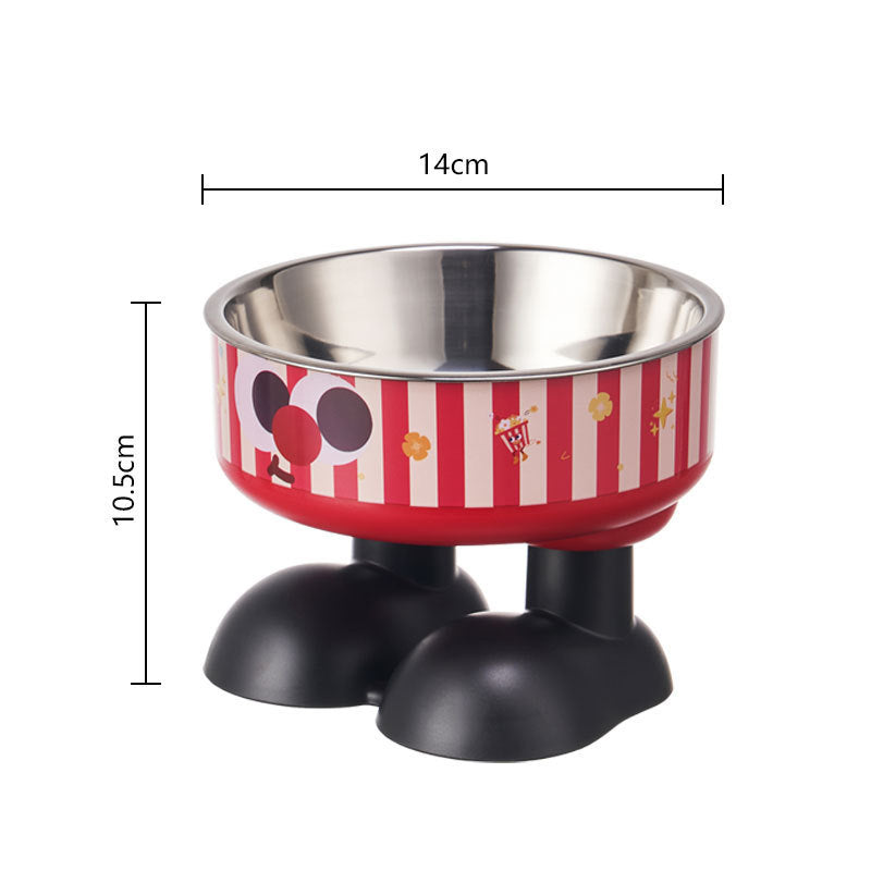 Elevated stainless steel pet bowl with red-and-white striped design and black base