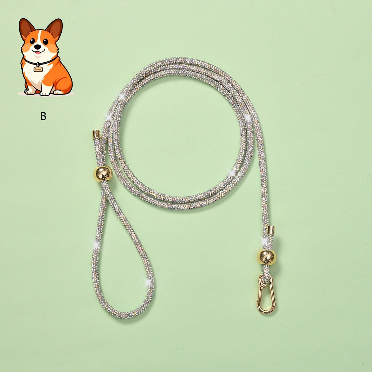 Rhinestone dog leash with light silver sparkly cord and gold clasp hardware