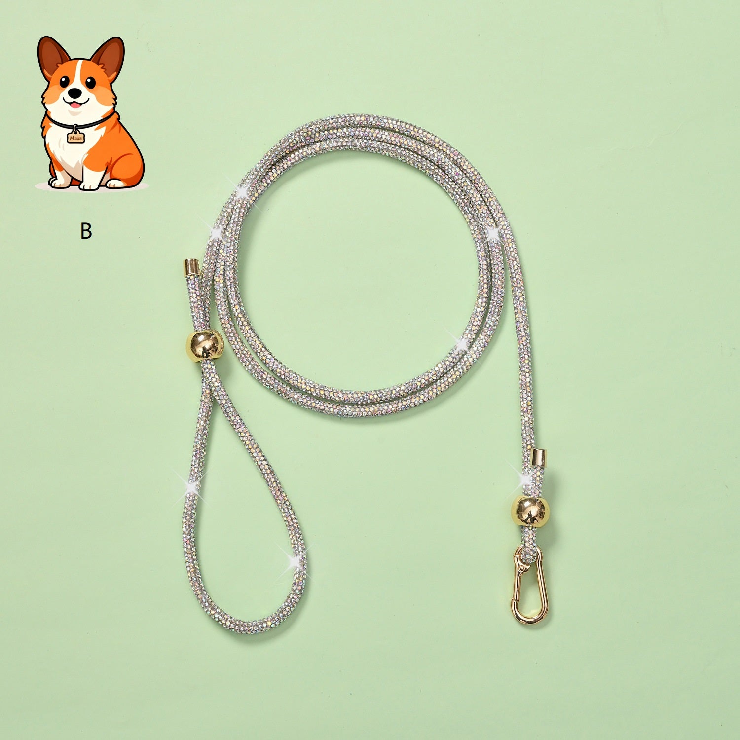 Rhinestone dog leash with light silver sparkly cord and gold clasp hardware
