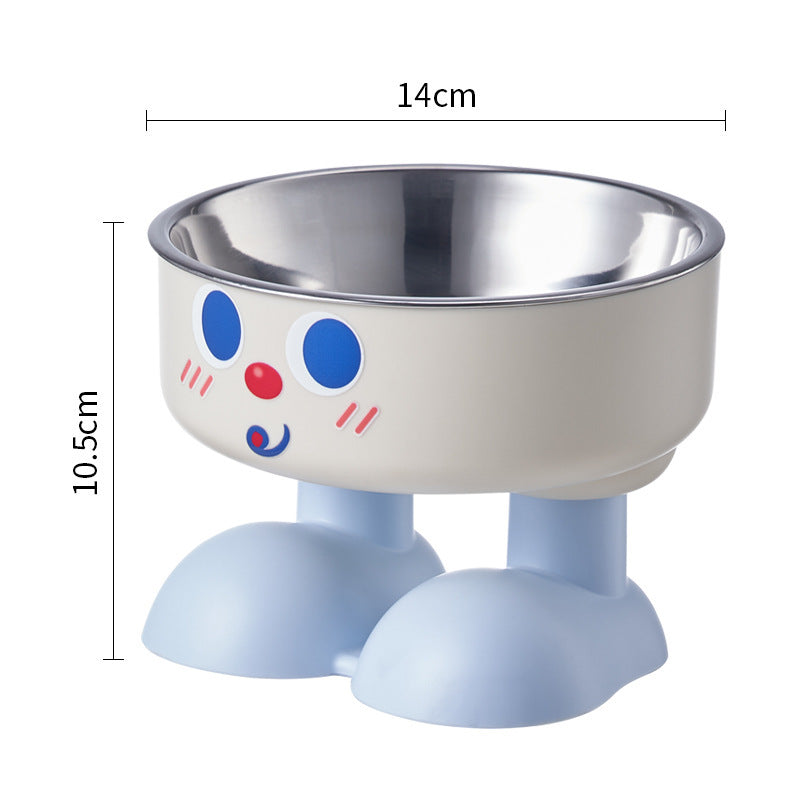 Elevated pet bowl with stainless steel insert, blue base, cute face design