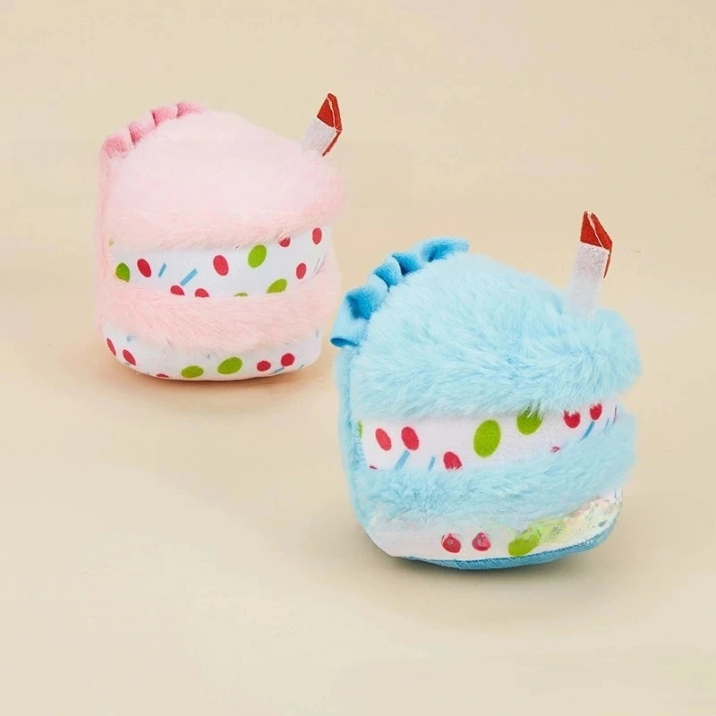Plush birthday cake dog toy set, pink and blue with candle toppers