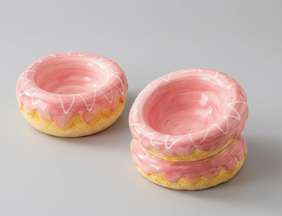 Donut ceramic pet bowl set of 2: two pink glazed bowls with swirl top