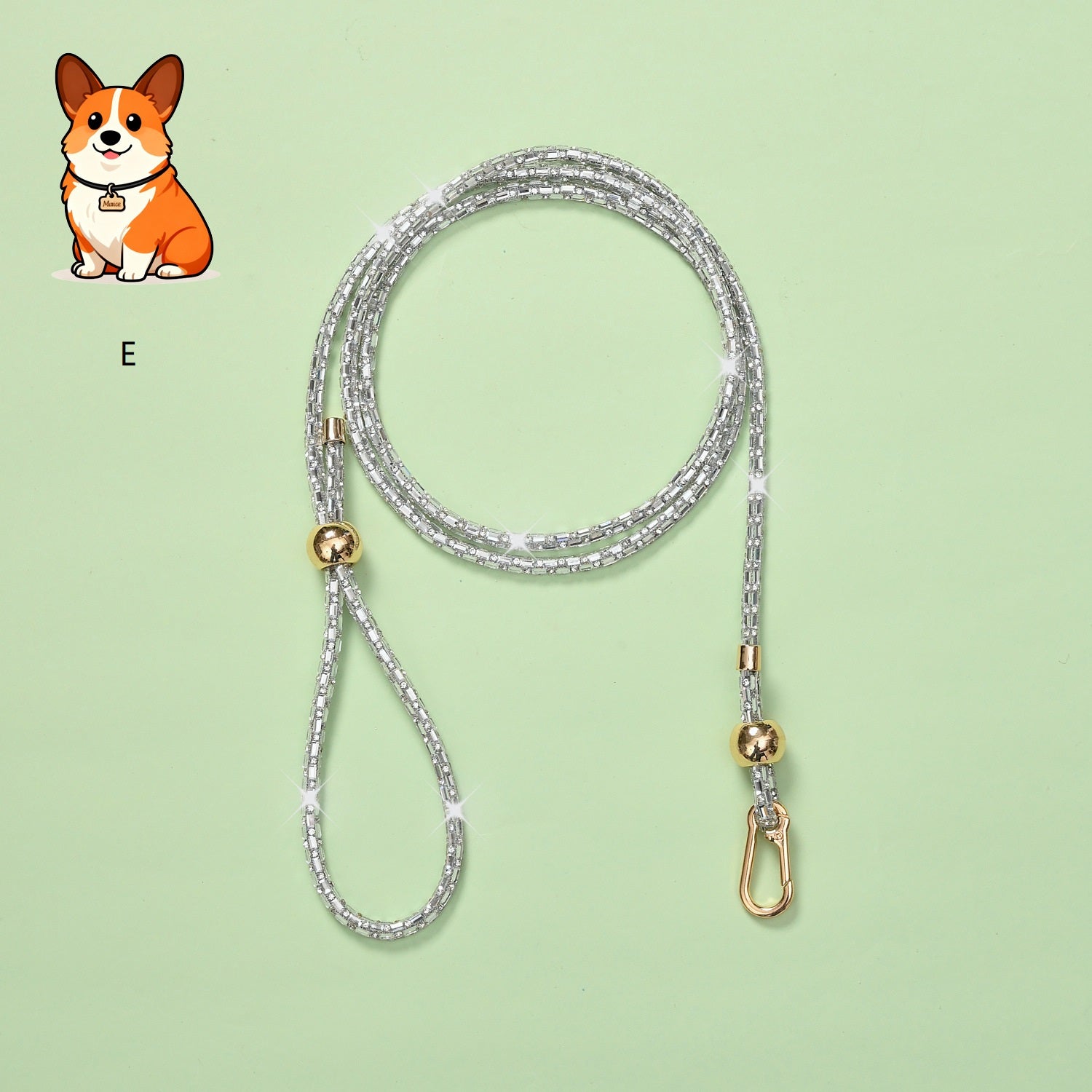 Rhinestone dog leash with silver sparkly cord and gold clasp hardware