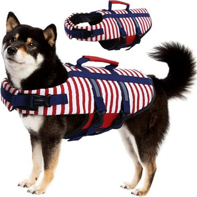 Striped dog life jacket with red safety handle and navy fastening straps