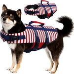 Striped dog life jacket with red safety handle and navy fastening straps