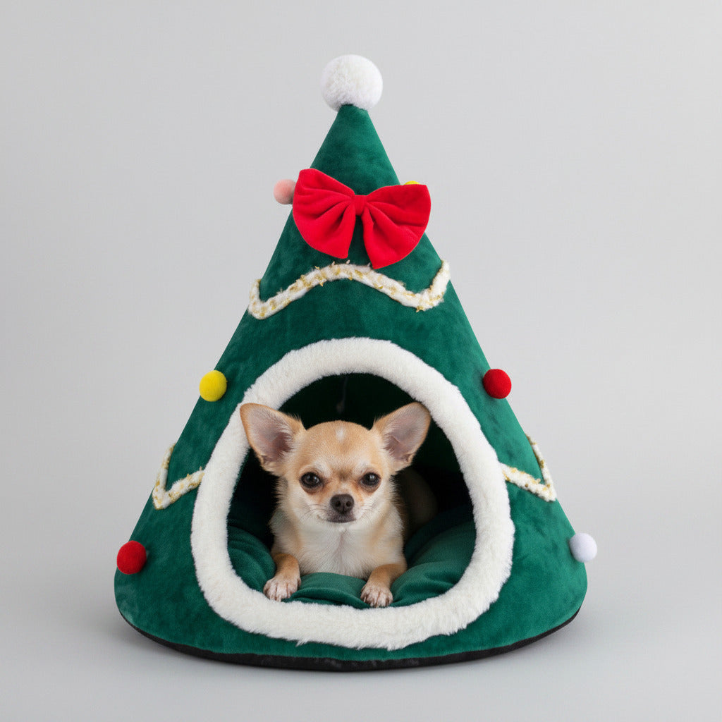 Green plush Christmas tree pet cave bed with white trim, red bow, and pom accents; small dog inside