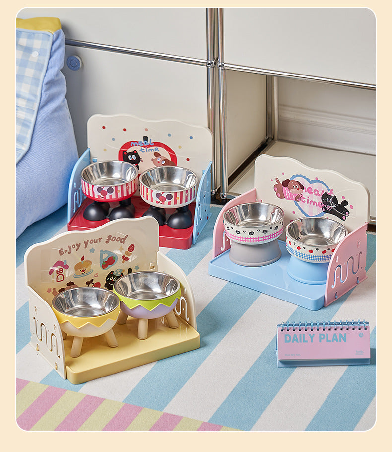 Two pet feeding trays side by side with stainless steel bowls on raised platforms