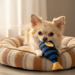 Catnip fish plush toy with bell: striped blue-black fish, orange fins.