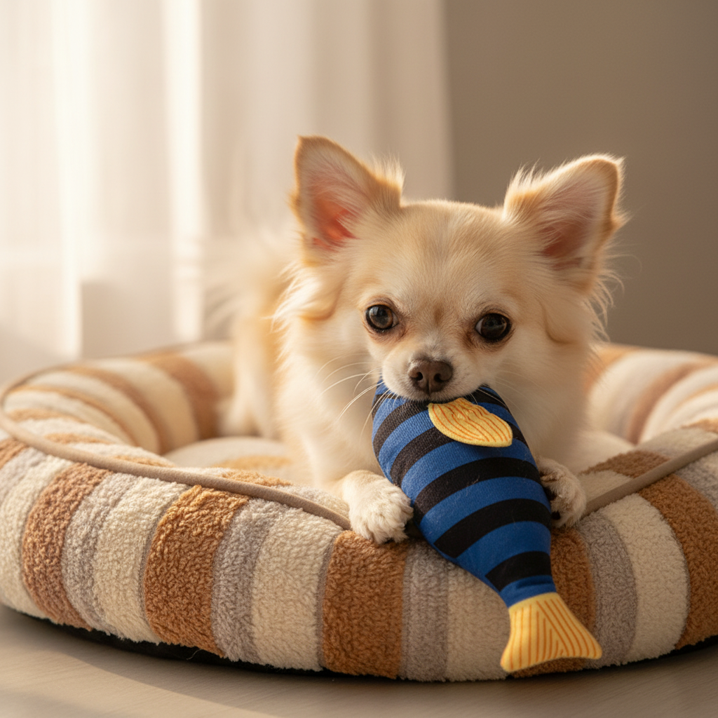 Catnip fish plush toy with bell: striped blue-black fish, orange fins.
