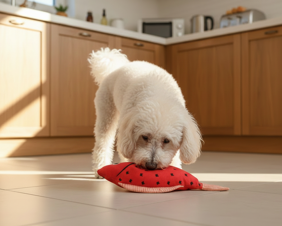 Red catnip fish plush toy with bell on floor