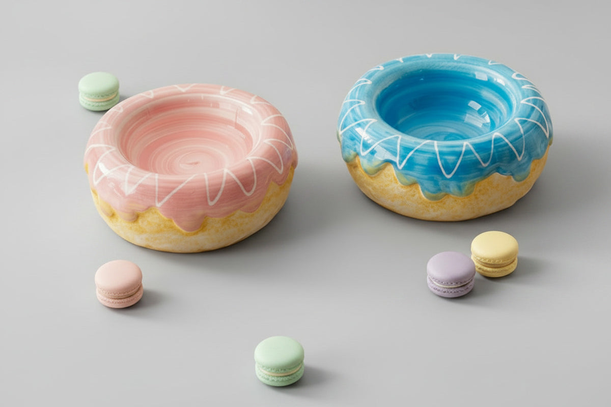 Donut ceramic pet bowl set of 2: pink and blue glazed bowls